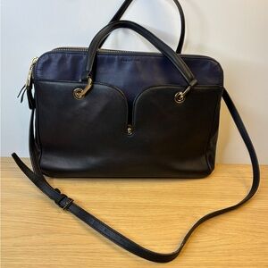 Pour La Victoire Black Navy Blue Leather Satchel Crossbody Bag Gold Hardware